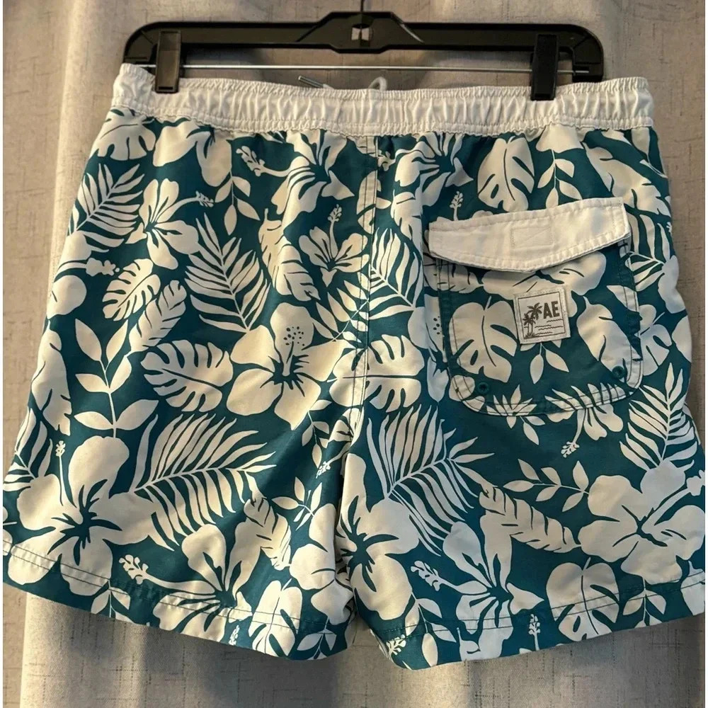 American Eagle AE 5" Floral Swim Trunk, Men’s Size M. Green and White with ties. - Picture 3 of 9
